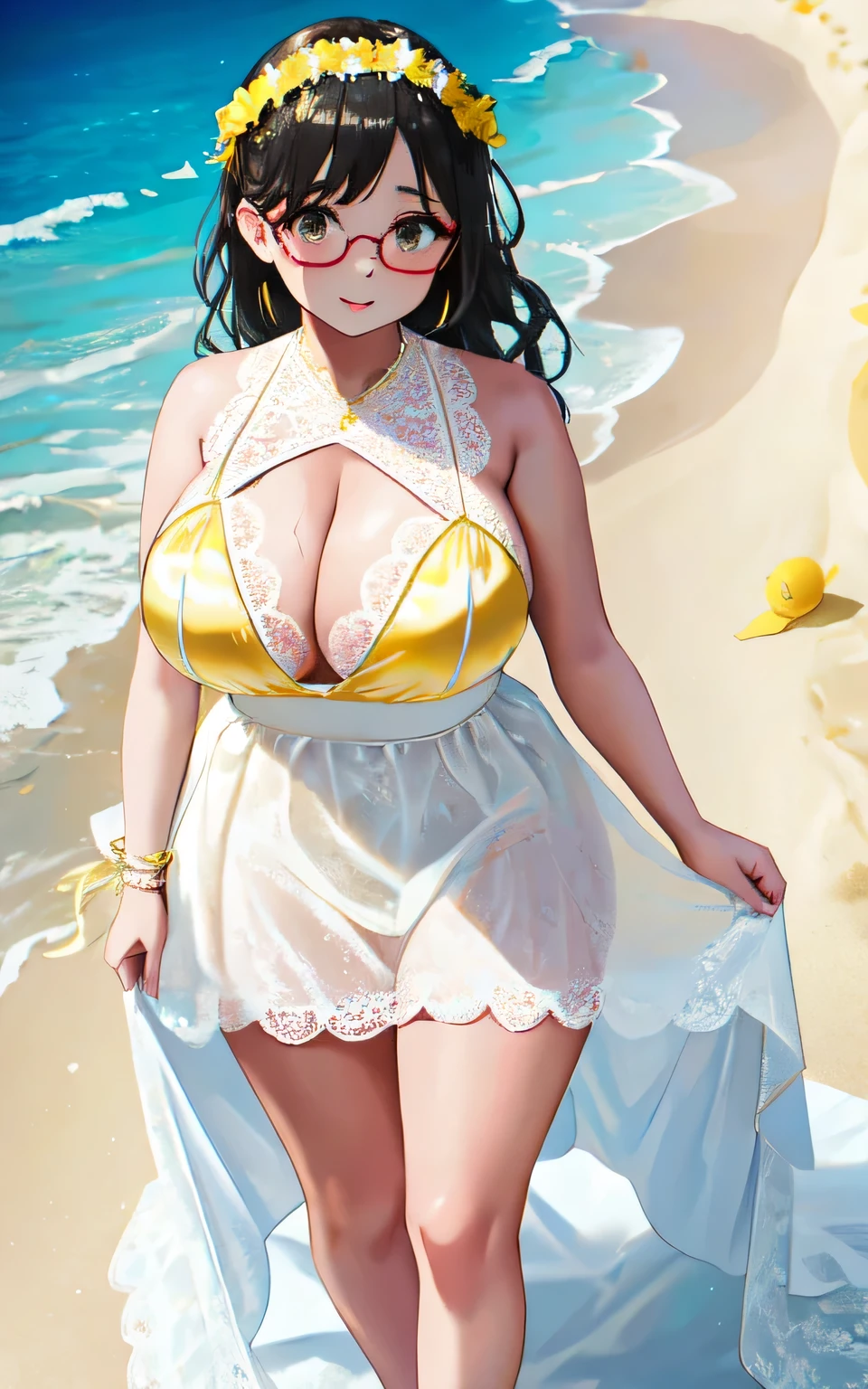 A 6--old l with big breasts, plump figure, round, dressed in a baby ye wedding dress, lace bikini, bikini with lace cutouts, on the beach, glasses and wearing a thin tulle