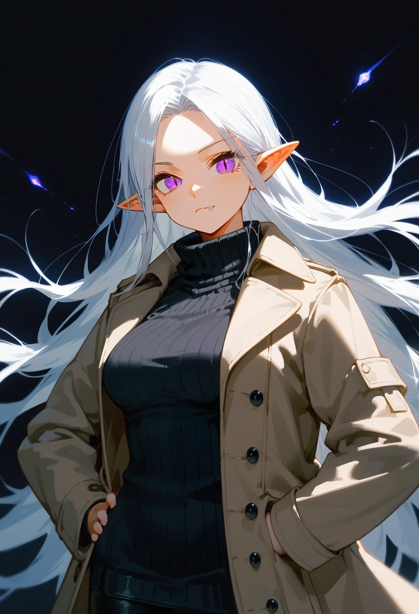 Best quality, score_9, score_8_up, score_7_up, 1girl, purple eyes, slit pupils, white hair, long hair, parted bangs, pointy ears, black turtleneck sweater, trench coat, closed mouth, fang, hands on hips, black leggings, medium breasts, looking at viewer, upper body, black background,