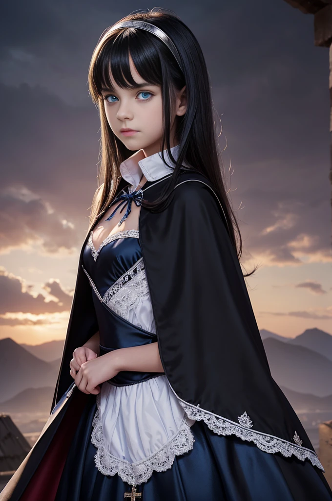 TeEn girl, evil, teenager(1.3),, teen girl,vemall breats, black hair and blue eyes, detailed face, ,cleavage, dress with cape, desing with christian cross ,background in prussia
