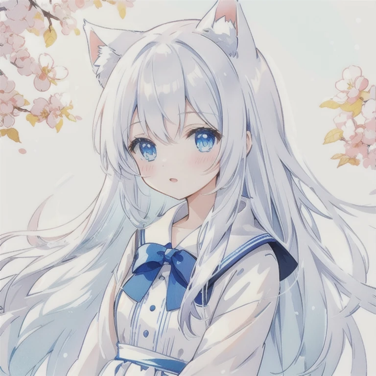 (8K, best quality, masterpiece: 1.2), (best quality: 1.0), (ultra-high resolution: 1.0), a cute girl,long white hair, white cat ears, blue eyes, watercolor, Trishuna, author: agnes cecile, half body portrait, extremely bright design, soft colors, (ink: 1.3), winter lighting