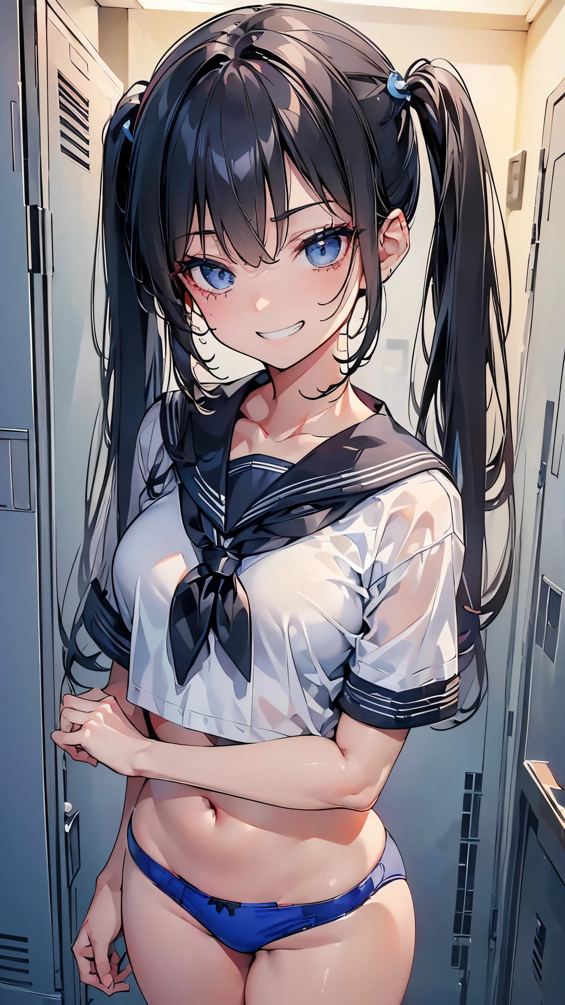(8k、Best image quality、highest quality、masterpiece)、Detailed face、One girl、Black Hair、Long Hair、twintails、Grey Eyes、evil smile、((Grin))、Moderate breasts、((serafuku))、Short sleeve、((light blue panties)、Cowboy Shot、Locker Room Background