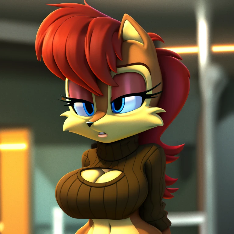 Masterpiece, high quality, studio quality, intricate details, 4k, 1girl, Sally Acorn, cropped sweater, eyes open, blue eyes, big breasts