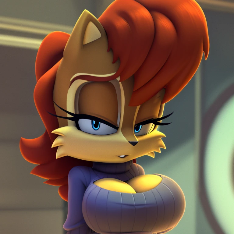 Masterpiece, high quality, studio quality, intricate details, 4k, 1girl, Sally Acorn, cropped sweater, eyes open, blue eyes, big breasts