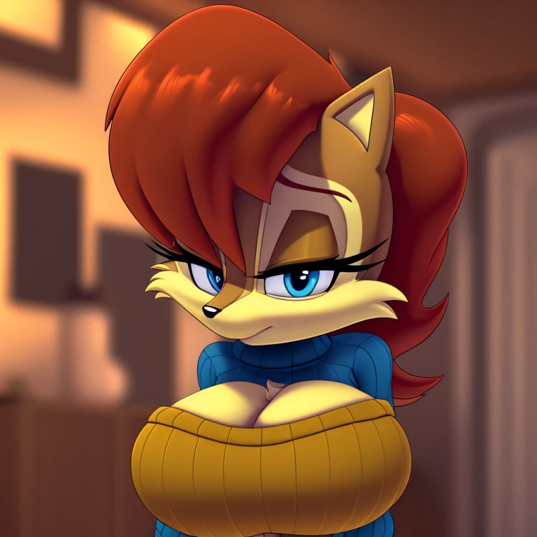 Masterpiece, high quality, studio quality, intricate details, 4k, 1girl, Sally Acorn, cropped sweater, eyes open, blue eyes, big breasts