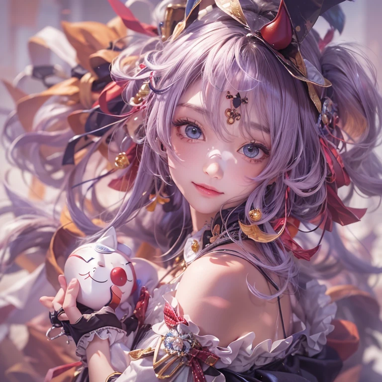 Hiding in the castle、Hair flow、 ((highest quality、masterpiece、8k、Best image quality、Ultra-high resolution、Award-winning works)、(Accurate anatomy:1.1)、(Look at me and smile:1.1)、Shining fair skin with Ultra-high resolution、The most detailed face、Ultra-high resolution detailed face、Ultra-high resolutionの髪の毛、(Ultra-high resolutionの煌めく瞳:1.1)、Beautiful face drawn in every detail、(Blurred Background:1.1)、Jolly Clown Costume, Chest to chest, tattoo,、Clown Makeup、Holding a masquerade mask