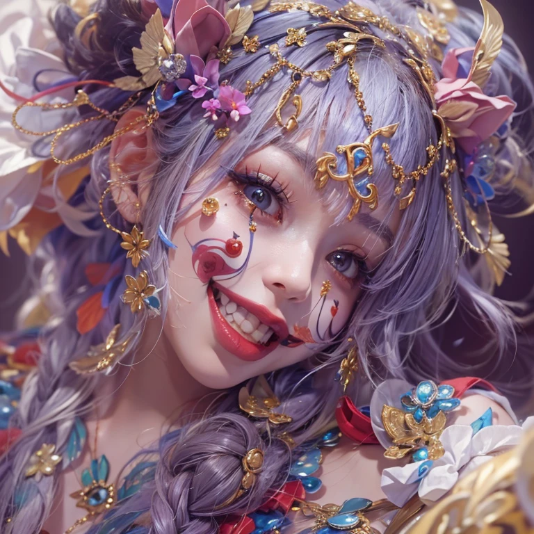 Hiding in the castle、Hair flow、 ((highest quality、masterpiece、8k、Best image quality、Ultra-high resolution、Award-winning works)、(Accurate anatomy:1.1)、(Look at me and smile:1.1)、Shining fair skin with Ultra-high resolution、The most detailed face、Ultra-high resolution detailed face、Ultra-high resolutionの髪の毛、(Ultra-high resolutionの煌めく瞳:1.1)、Beautiful face drawn in every detail、(Blurred Background:1.1)、Jolly Clown Costume, Chest to chest, tattoo,、Clown Makeup、Holding a masquerade mask