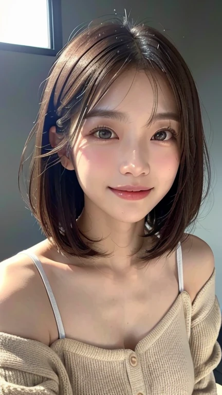 (((Close-up of face)))、(((Absolutely shoulder-length brown straight short bob)))、(((She is posing like a hair salon model, with a black wall indoors as the background.)))、(((Casual black winter long sleeves with shoulders covered)))、(Natural laughter:1.25)、Half Japanese, half Korean、18 year old girl、Standing Alone、Looking forward、Light eye makeup、Brown Hair Color、Flat and small chest、Hair blowing in the wind、Actress Quality、Glossy, ultra-realistic face、Smiling face、Watery eyes、Gazing Up、Subtle lighting effects、 Ultra-Realistic Capture、Very detailed、High resolution 16K close up of human skin。Skin texture must be natural、The details must be such that pores can be clearly seen、The skin is healthy、Uniform tone、Use natural light and colors、A worn-out, high-quality photo taken by a model agency&#39;s in-house photographer.、smile、(((SIGMA 300 mm F/1.4,1/1000 sec shutter,ISO 400)))
(((Close-up of face)))、(((Absolutely shoulder-length brown straight short bob)))、(((She is posing like a hair salon model, with a black wall indoors as the background.)))、(((Casual black winter long sleeves with shoulders covered)))、(Natural laughter:1.25)、Half Japanese, half Korean、18 year old girl、Standing Alone、Looking forward、Light eye makeup、Brown Hair Color、Flat and 、Hair blowing in the wind、Actress Quality、Glossy, ultra-realistic face、Smiling face、Watery eyes、Gazing Up、Subtle lighting effects、 Ultra-Realistic Capture、Very detailed、High resolution 16K close up of human skin。Skin texture must be natural、The details must be such that pores can be clearly seen、The skin is healthy、Uniform tone、Use natural light and colors、A worn-out, high-quality photo taken by a model agency&#39;s in-house photographer.、smile、(((SIGMA 300 mm F/1.4,1/1000 sec shutter,ISO 400)))
