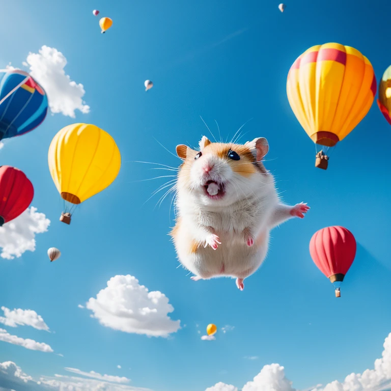 A hamster is flying in the sky on a balloon