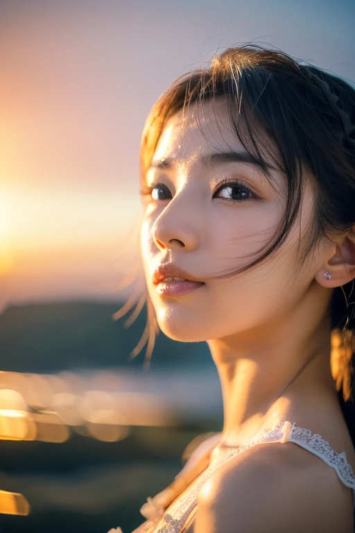 Japanese beautiful girl, ((Fisheye Lens, )) Wind, sunset, Ocean、, (Aesthetics and atmosphere:1.2),笑顔の美しいwoman、8k、Ultra HD、woman1人((highest quality, 8K, masterpiece: 1.3)), woman (Wearing a white dress), Dancing,Sharp focus: 1.2, cute woman: 1.4, (((Random hairstyle)), Highly detailed face、skin、Hair Texture, detailed eyes, double eyelid, 白いskin, Beautiful and delicate nose, かわいい若い日本のwoman, 28 years old, At a dynamic angle, Pleasant to the eye、Thought-provoking composition, Emphasize the subject's hair, Words and actions, The muted tones and contrast of light and shadow create a melancholic feeling.,