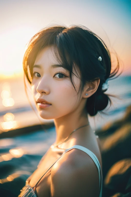 Japanese beautiful girl, ((Fisheye Lens, )) Wind, sunset, Ocean、, (Aesthetics and atmosphere:1.2),笑顔の美しいwoman、8k、Ultra HD、woman1人((highest quality, 8K, masterpiece: 1.3)), woman (Wearing a white dress), Dancing,Sharp focus: 1.2, cute woman: 1.4, (((Random hairstyle)), Highly detailed face、skin、Hair Texture, detailed eyes, double eyelid, 白いskin, Beautiful and delicate nose, かわいい若い日本のwoman, 28 years old, At a dynamic angle, Pleasant to the eye、Thought-provoking composition, Emphasize the subject&#39;s hair,  Words and actions, The muted tones and contrast of light and shadow create a melancholic feeling.,