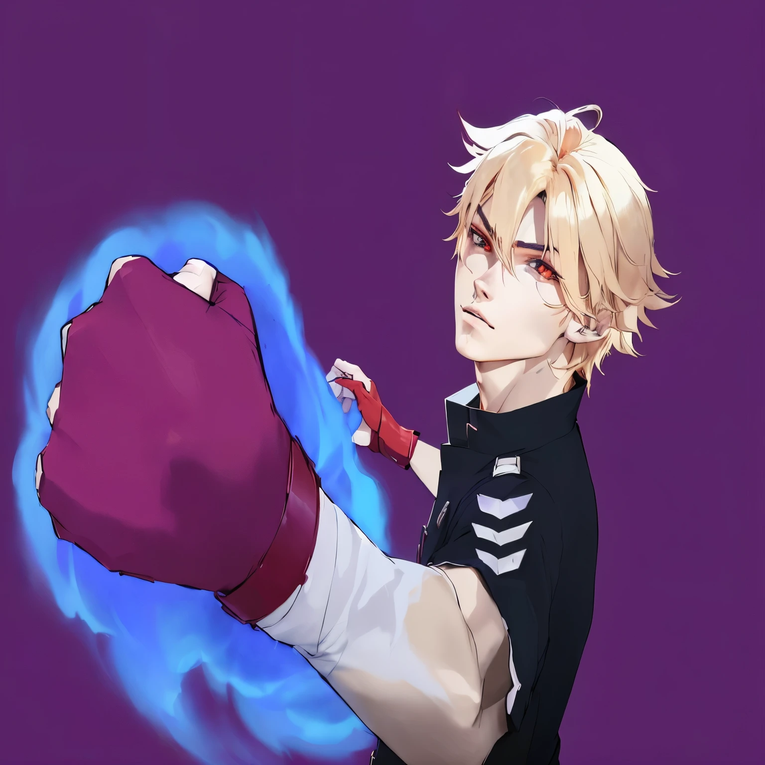 garoto de anime com cabelos brancos e luvas vermelhas segurando uma bola vermelha, acionar estilo de arte de anime, pose de luta, fanart de alta qualidade, punho flamejante, olhos vermelhos, arm band, expression of fury, personagem anime, toshirus