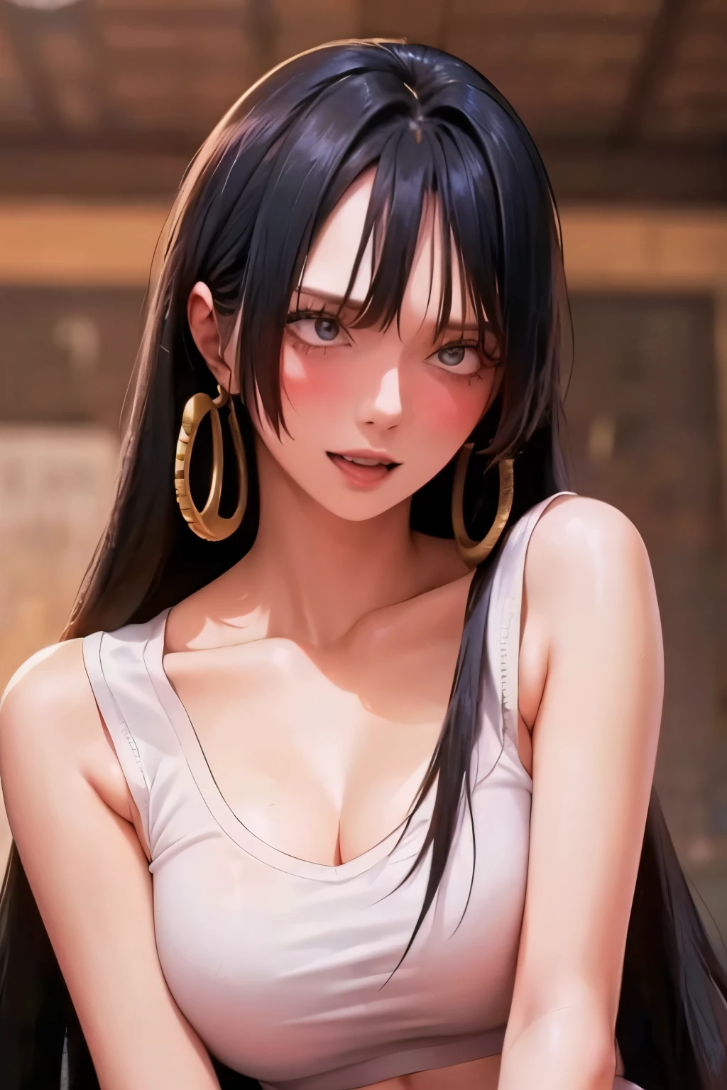 best quality, masterpiece, highly detailed,1girl, Boa Hancock, , (masterpiece:1.5), Detailed Photo, Smiling, Sexy, (8K, Best Quality: 1.4), (1girl), Beautiful Face, (anime realistic Face), (Black Hair, long Hair: 1.3), Beautiful Hairstyle, Realistic eyes, beautiful detail eyes, (white skin), beautiful skin, absurd, attractive, ultra high resolution, ultra realistic, high definition, golden ratio, (sexually aroused:1.5), Pinkish white skin, cool white light, sexy pose, Beautiful , white background, pink soft white light, Wear a white tank top, sexy armpits