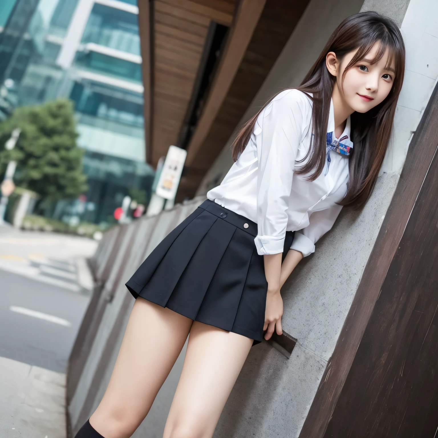 A girl wearing a skirt but no pants is seen from below, with a view of her vagina。