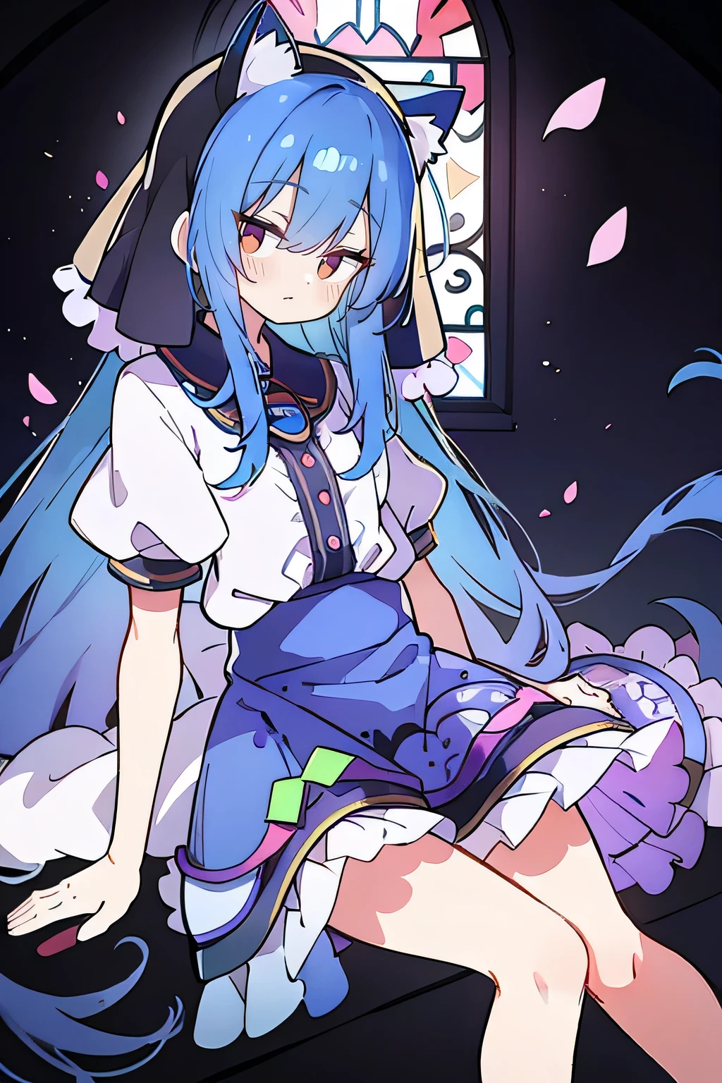 (masterpiece:1.2),Extremely detailed,Practical,expressive eyes,Fair skin,Perfect face shaping,1 Girl,
Japanese cartoons,Gorgeous blue hair, the long flowing blue hair,Floating clothes,Cat ears,Petals fall,beautiful lola,Young Angel,
Place your hands on your waist,sit elegantly on the ground,Cross your legs,Gentle and peaceful background,stately church,nun.