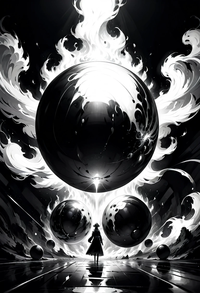 best quality, ultra-detailed, black and white, monochrome, contrasting shades, high contrast ,grayscale, aesthetic, Goodness gracious, great balls of fire Epic cinematic brilliant stunning intricate meticulously detailed dramatic atmospheric maximalist digital matte painting, black and white art
