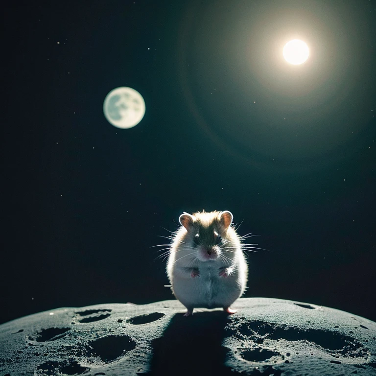 A hamster is exploring the moon in a space suit