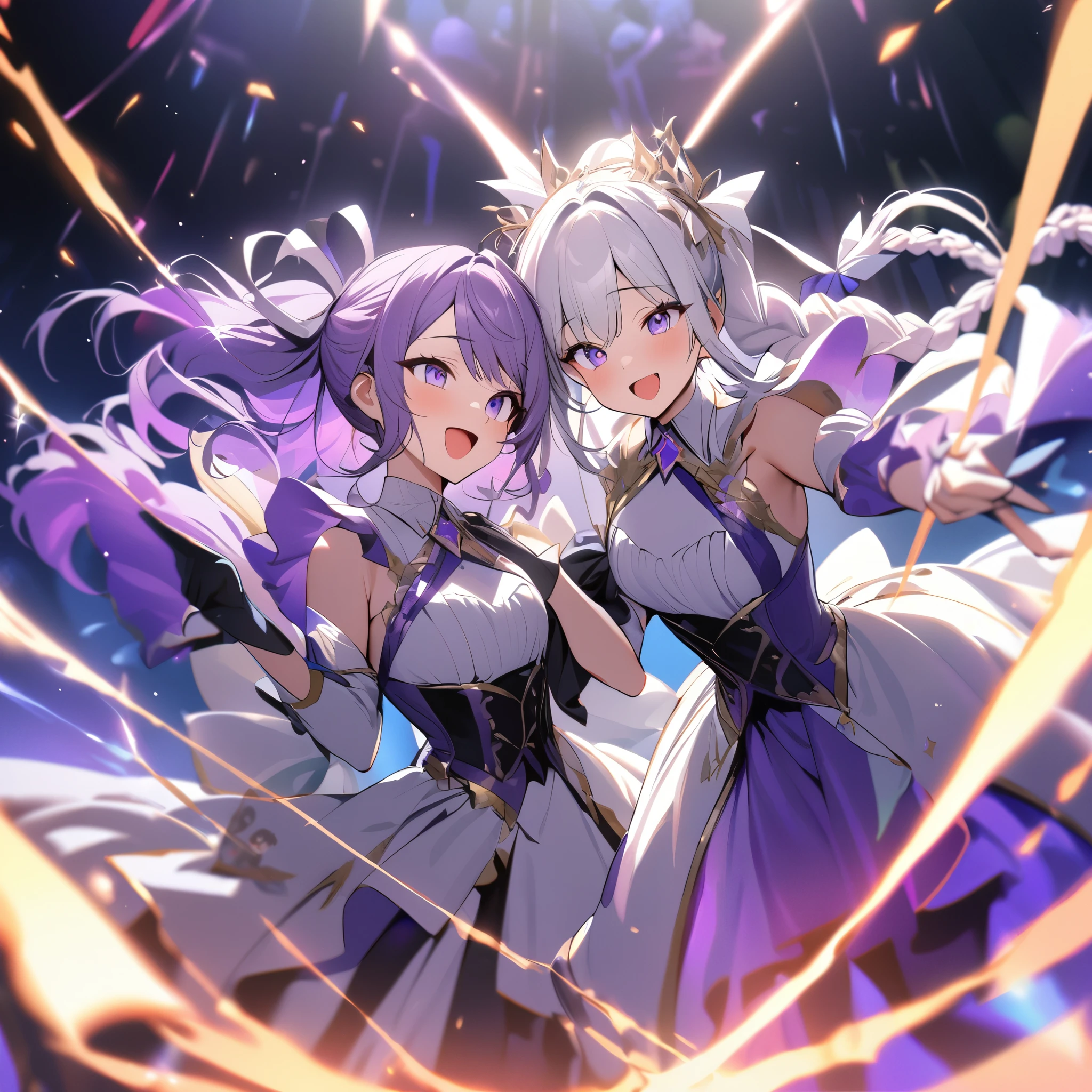 (Purple white gradient double braid long ponytail, cool, personalized, brave),(2people),(2person),(2girls side by side),(look at each other),2people,2person(multi girls),(1boy),(2rbgirl),(2girls),Idols shine brightly on stage, interpreting the charm of music with their gorgeous costumes, elegant dance moves, and affectionate eyes, leading the audience to immerse themselves in a soul shaking performance. Brilliant, dazzling, stunning, passionate, full of vitality, dreamlike, gorgeous, dazzling, charming, colorful, lively, vibrant, captivating, visually grand, dynamic, passionate, and full of tension, passionate burning, and colorful,(masterpiece, best quality:1.2)