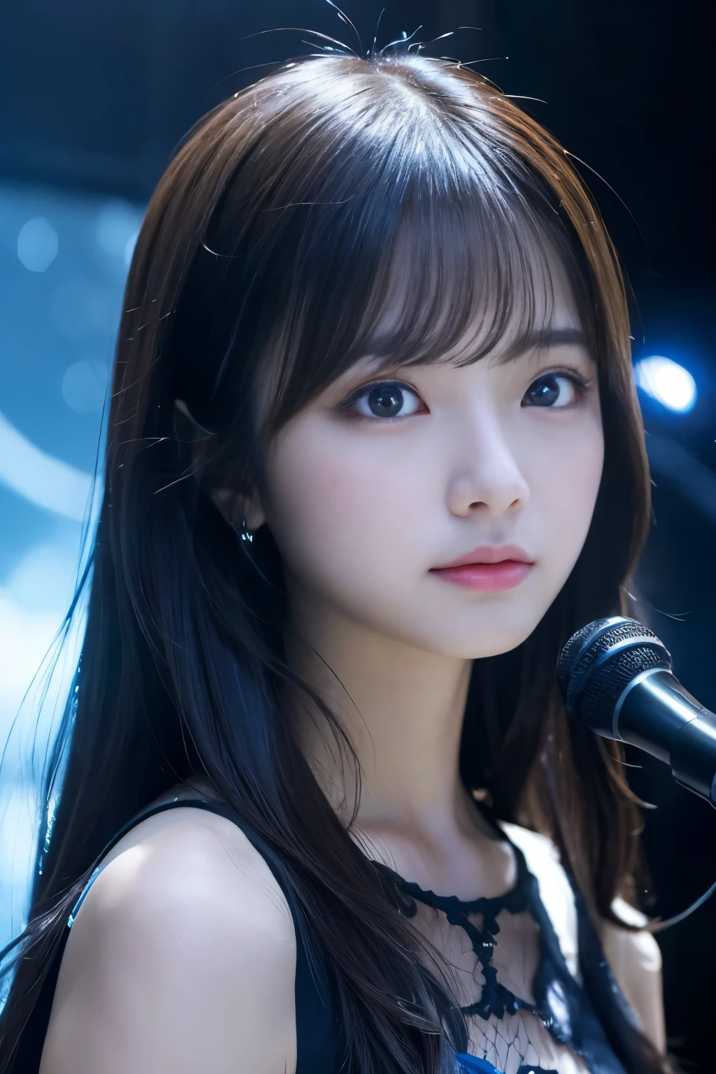 Fantastic Stage,night, dark, (Fantasy),unlimited,Deep blue sky,The Depths of Knowledge,Cowrage,((Tabletop)), (((highest quality))),((Beautiful Eyes)),(eyelash)、Realistic Clouds、Very beautiful face、Ultra-high resolution、Girl singing with microphone、(1 girl)、Black Hair、Long-haired、Eye of the Abyss、Glowing Skin、oil、、Perfect Human Anatomy、、Teenchi、超繊細なCG Unity 32kwallpaper、Photorealistic、masterpiece, ((Ultra-detailed)), ((Awareness-raising)),colorful,wallpaper,energy,Fear of the unknown,Understanding cannot,Book,Flying Page,Know it all,Predicting the future、Know the past、unlimitedの知恵、Blue Flame