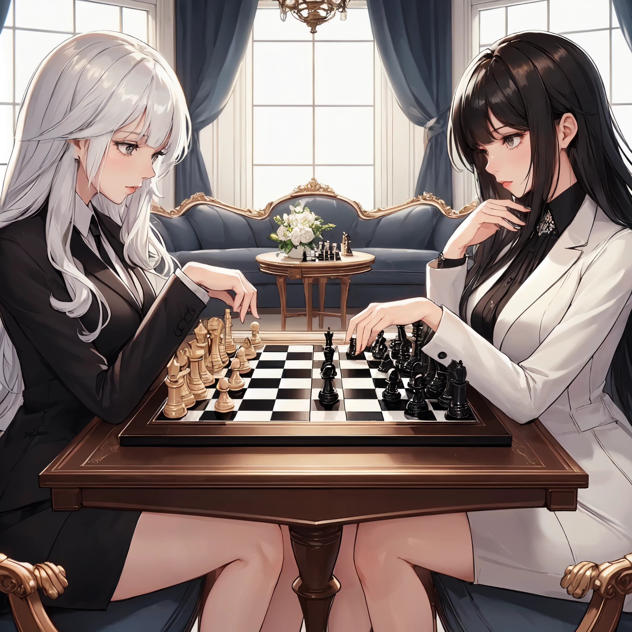 2ladies, from side, sitting across chessboard, (facing each other), stylish outfit, mature female, cool expression, (light smile:0.6), (masterpiece bestquality:1.2) delicate illustration ultra-detailed, large breasts BREAK 1lady, (white hair) bangs, (black chic clothes) BREAK 1lady, (black hair) bangs, (white chic clothes) BREAK (luxurious room) indoors, (chessboard) (black and white:1.1), chessboard on table, noon, detailed background