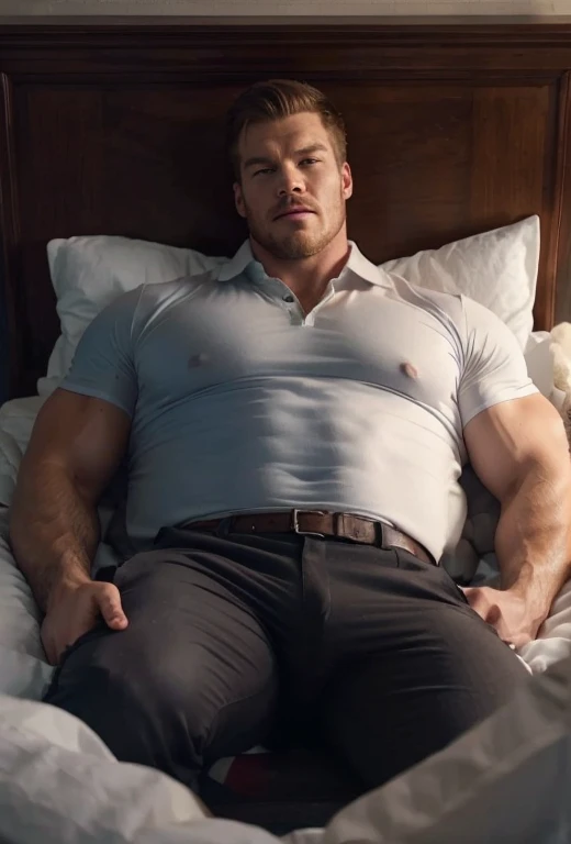 Make this Alan Ritchson instead, massive bulge in pants, bearded face