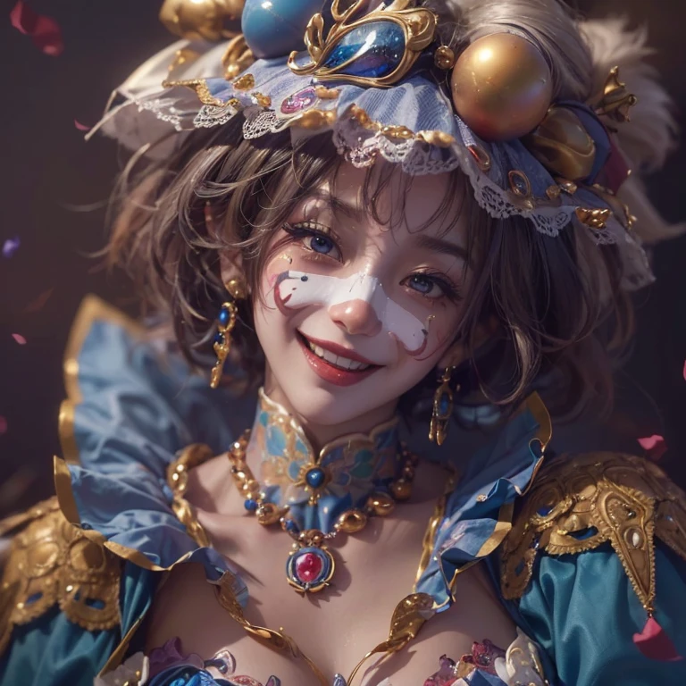 Hiding in the castle、Hair flow、 ((highest quality、masterpiece、8k、Best image quality、Ultra-high resolution、Award-winning works)、(Accurate anatomy:1.1)、(Look at me and smile:1.1)、Shining fair skin with Ultra-high resolution、The most detailed face、Ultra-high resolution detailed face、Ultra-high resolutionの髪の毛、(Ultra-high resolutionの煌めく瞳:1.1)、Beautiful face drawn in every detail、(Blurred Background:1.1)、Jolly Clown Costume, Chest to chest, tattoo,、Clown Makeup、Holding a masquerade mask