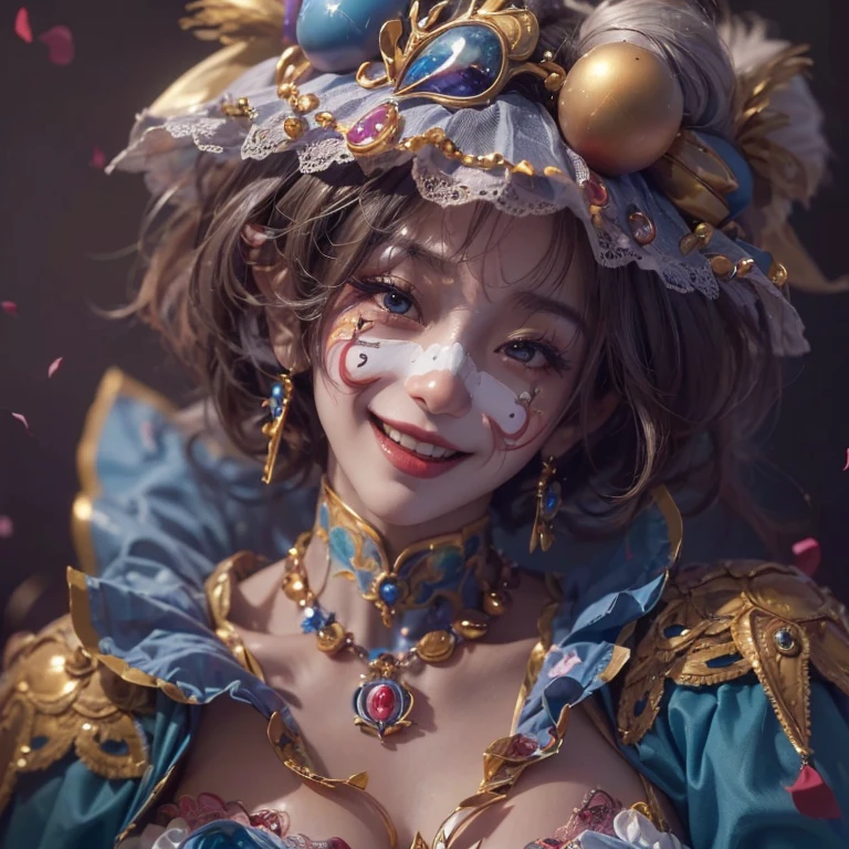 Hiding in the castle、Hair flow、 ((highest quality、masterpiece、8k、Best image quality、Ultra-high resolution、Award-winning works)、(Accurate anatomy:1.1)、(Look at me and smile:1.1)、Shining fair skin with Ultra-high resolution、The most detailed face、Ultra-high resolution detailed face、Ultra-high resolutionの髪の毛、(Ultra-high resolutionの煌めく瞳:1.1)、Beautiful face drawn in every detail、(Blurred Background:1.1)、Jolly Clown Costume, Chest to chest, tattoo,、Clown Makeup、Holding a masquerade mask