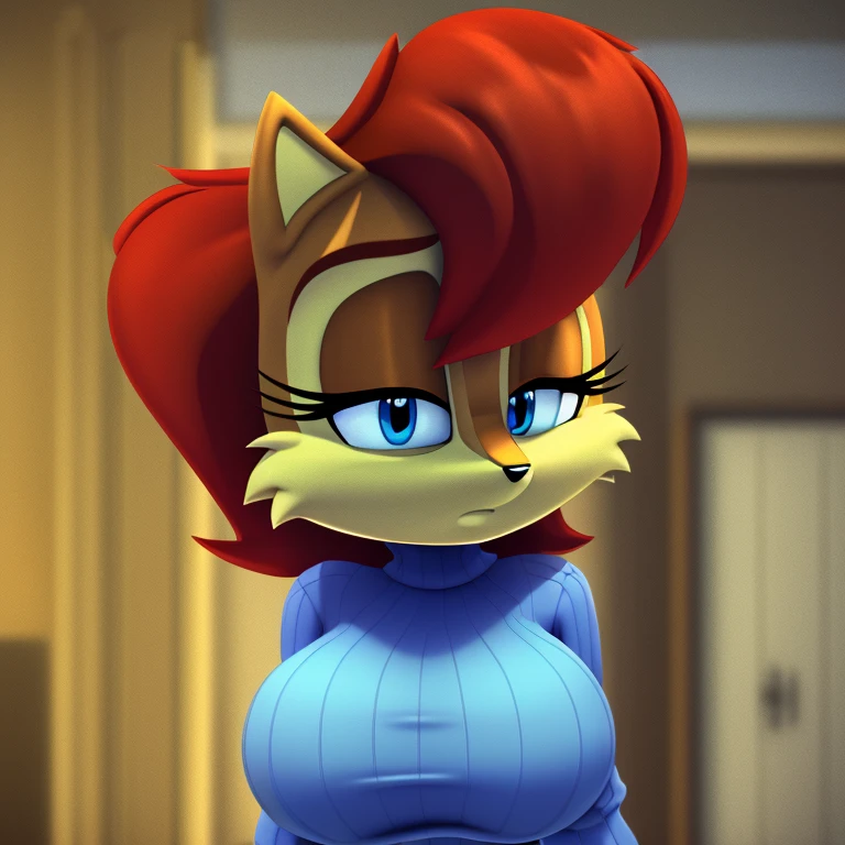 Masterpiece, high quality, studio quality, intricate details, 4k, 1girl, Sally Acorn, cropped sweater, eyes open, blue eyes, big breasts