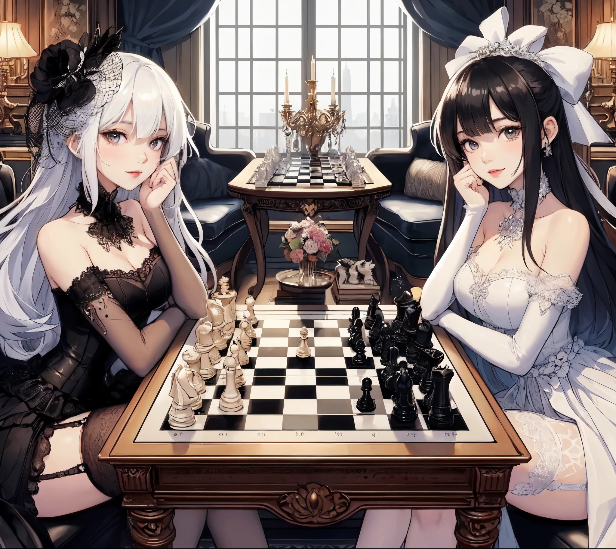 2ladies, from side, sitting across chessboard, (facing each other), stylish outfit, mature female, cool expression, light smile, looking at viewers, (masterpiece bestquality:1.2) delicate illustration ultra-detailed, large breasts BREAK 1lady, (white hair) bangs, (black chic clothes) BREAK 1lady, (black hair) bangs, (white chic clothes) BREAK (luxurious room) indoors, (chessboard) (black and white:1.1), chessboard on table, noon, detailed background