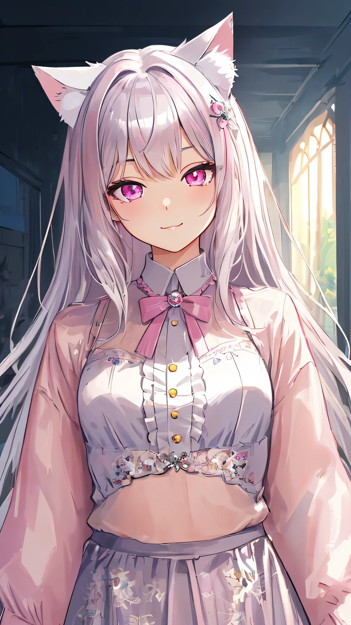 masterpiece,best quality,ultra-detailed face,detailed eyes,sparkling eyes,highlighted eyes,medium breasts,illustration,shirt,cute girl,Smug Look,Cat ear,beautiful silver hair,inner is pink,beautiful pink eyes,