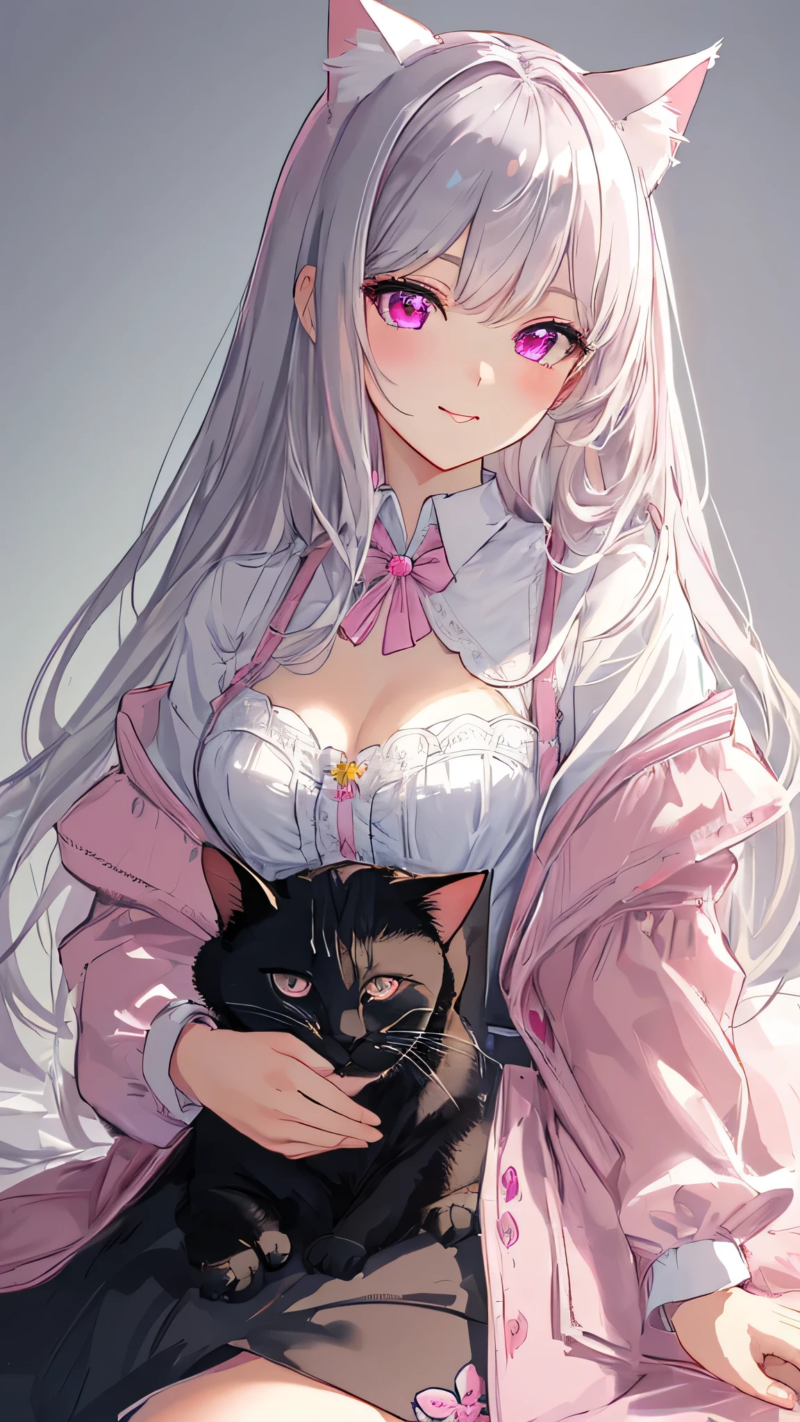masterpiece,best quality,ultra-detailed face,detailed eyes,sparkling eyes,highlighted eyes,medium breasts,illustration,shirt,cute girl,Smug Look,Cat ear,beautiful silver hair,inner is pink,beautiful pink eyes,