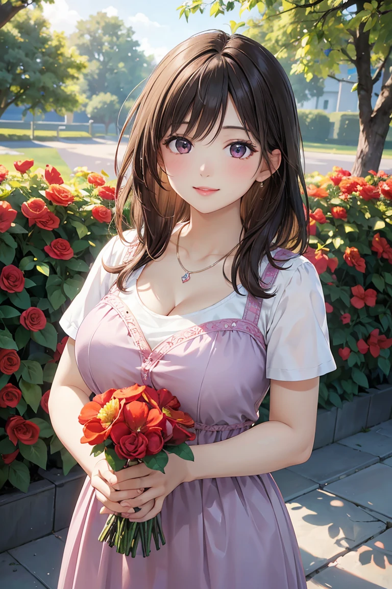 highest quality, (Ultra-high definition 4K), (Ultra High Resolution 8K), Photorealistic, Bright colors, High-definition facial beauty, Beautiful Hair, ((Lip gloss)), (Big and ample breasts), pretty girl, (A big smile), Standing model, Holding a bouquet of red flowers in both hands, Diamond Necklace, Lavender violet dress with beaded embroidery, garden, Flowers, sunlight, Gentle breeze, (Soft lighting, Rendered), Moderate: oil, 35mm f/1.8, Photographed with Sony FE GM