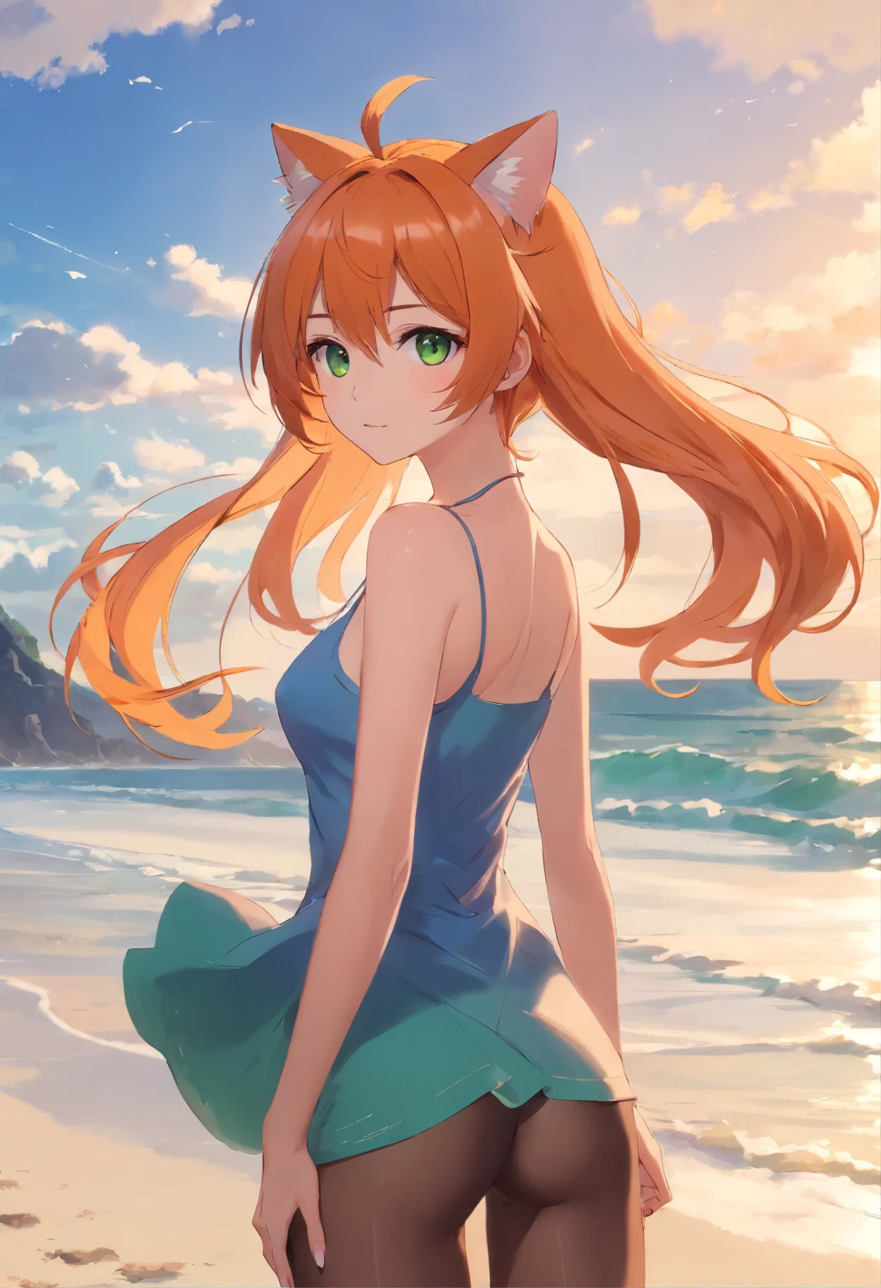 anime girl with long orange hair standing on beach near ocean, green eyes detailed digital anime art, cat ears, , anime girl with long hair, smooth anime cg art, anime girl with long hair, average breast size, digital anime art, artwork in the style of guweiz, beautiful anime portrait, photorealistic anime girl render, beautiful anime girl, perfect woman, advanced digital anime art, pantyhose, guweiz on artstation pixiv upscale HD UHD HQ big ass big tits
