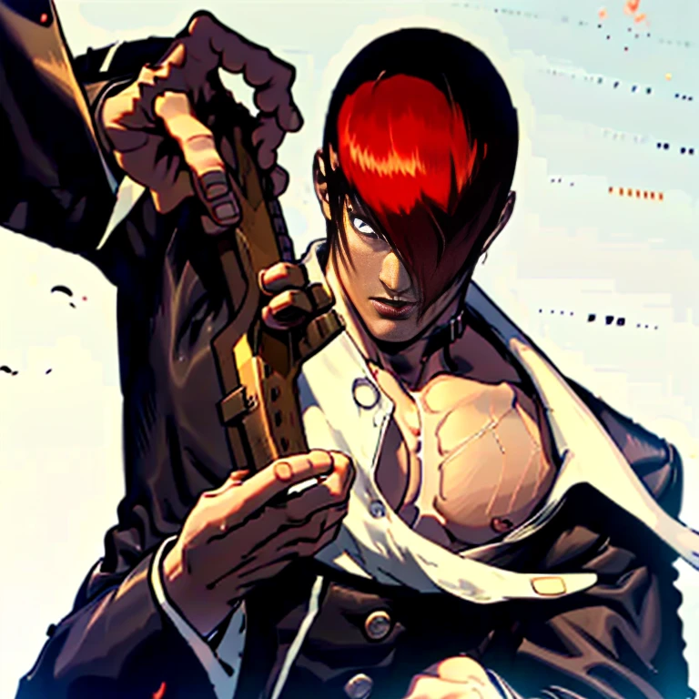 One hand is held like a cat、(Perfect details,masterpiece, Good details),(良い照明 Perfect details, Perfect eye details, Perfect anatomy details,(Iori Yagami, King of Fighters,), Iori Yagami, KOF,(original design：Yagami-an,),A perfect move with no mistakes, エラーのないPerfect details, Excellent anatomical details, Redhead,Sharp Eyes