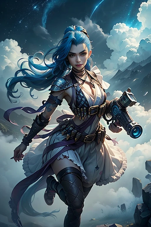 jinxlol, (full bodyesbian, standing on your feet,Legs and shoes are visible: 1.2)), Expressive eyes, 1girl, pale-skinned, long whitr hair, The wind blows hair, ((Ridiculously long hair)), Long side lock, hime bangs, Hairline, hair-bun, ((Very long double ponytail, dark-blue hair,)), Be red in the face, His face was flushed, big shiny lavender eyes, (Gradient eyes), mouth open smile, Cute pose, ((With a revolver: 1.5)) , ((Lovely soft fashion)) , Flowing soft white dress, ((Fantasy white open dress)), (Floating ribbons), lavender ruffles, White frills, (Light blue lace), detached short sleeves, Puffy skirt, ((White star print skirt : 1.3)), ((White ta dress)), Purple bow, ((Pompom ribbon hair ornament : 1.4)), striped lace stockings, (Heart shaped leg garters), (White mechanical armor plastic shoes: 1.2), ((Super detailed clothing and fashion)) , ((looking at you)), League of legends game girl, Be red in the face, (Beautiful and delicate eyes), (extremely detaild的 CG unified 8k wallpapers), ((Extremely Delicately Beautiful)), (detailedlight), ((depth of fields)) big headed, sparkling big eyes, sprout, Splash ink art, light, Frontal view, Volumetriclighting, Maxism, photoillustration, 8k, A high resolution, intricately details, complex critical vision, Precise linearity, ((Against the background of a dreamy soft sky, Surrounded by starry clouds, meteors, castle in the clouds)), ((Ultra detailed scenery, Fog clouds, inner strength : 1.3)), jinx \(league of legends\), ((The picture is very bright,bright,high saturated))