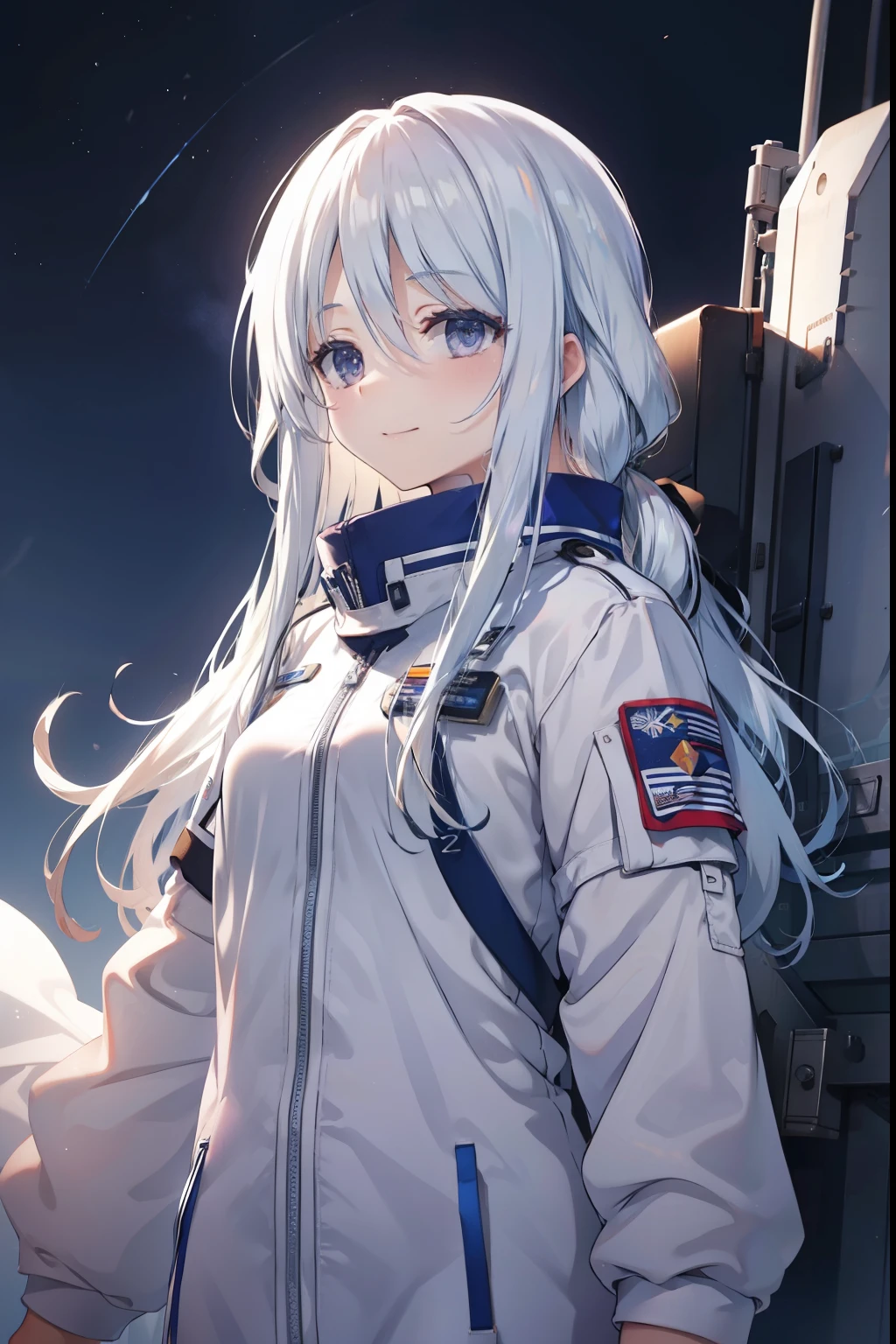  1woman,adult,25 years old,white hair, medium hair, astronaut uniform, standing, half Body photo, bangs, smile