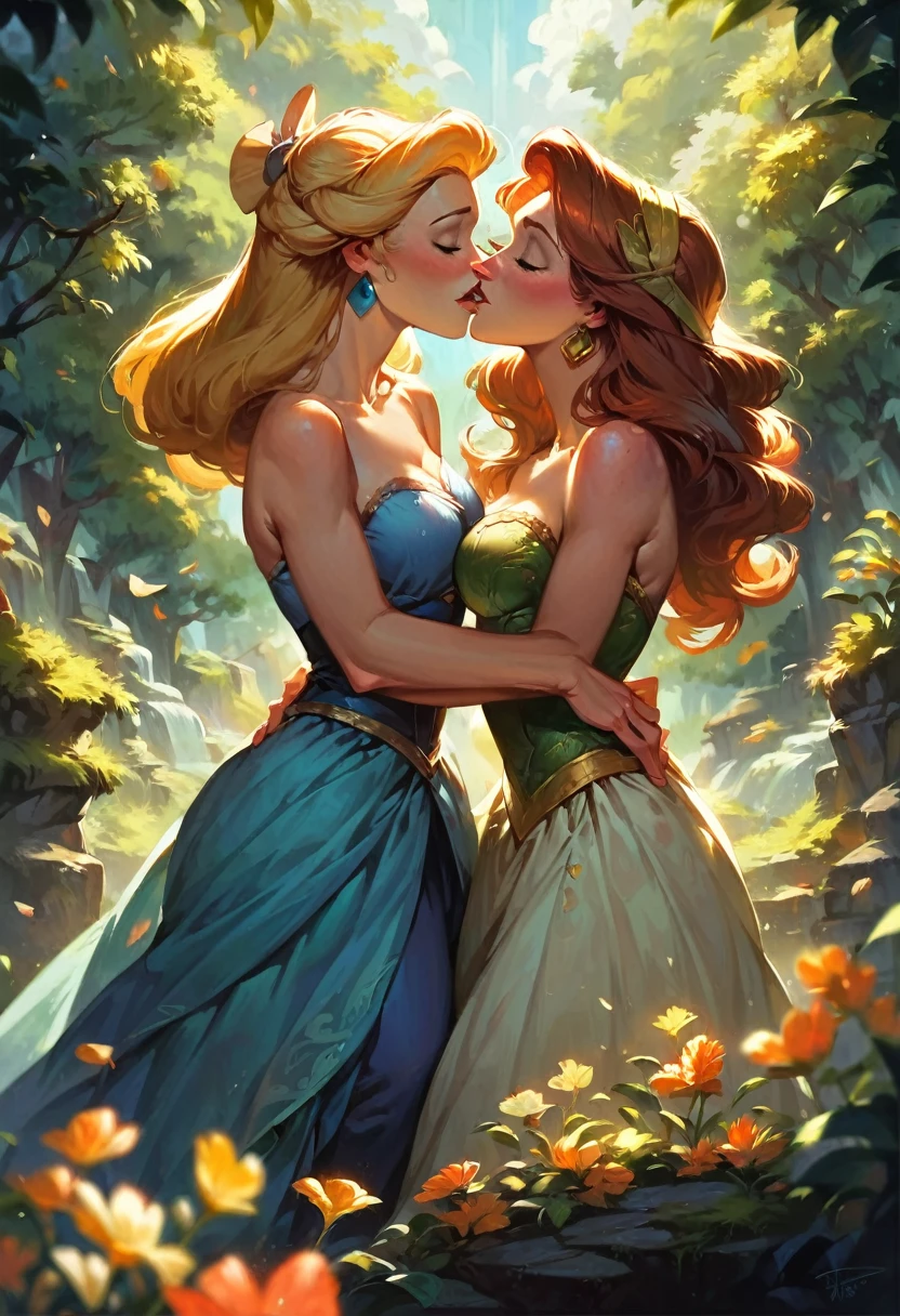 score_9, score_8_up, score_7_up, score_6_up, score_5_up, (high quality, detailed, beautiful), detailed soft lighting, rating_safe, 2girls, various Disney princesses, in love, romantic, lesbian, kissing, picturesque Disney locations.