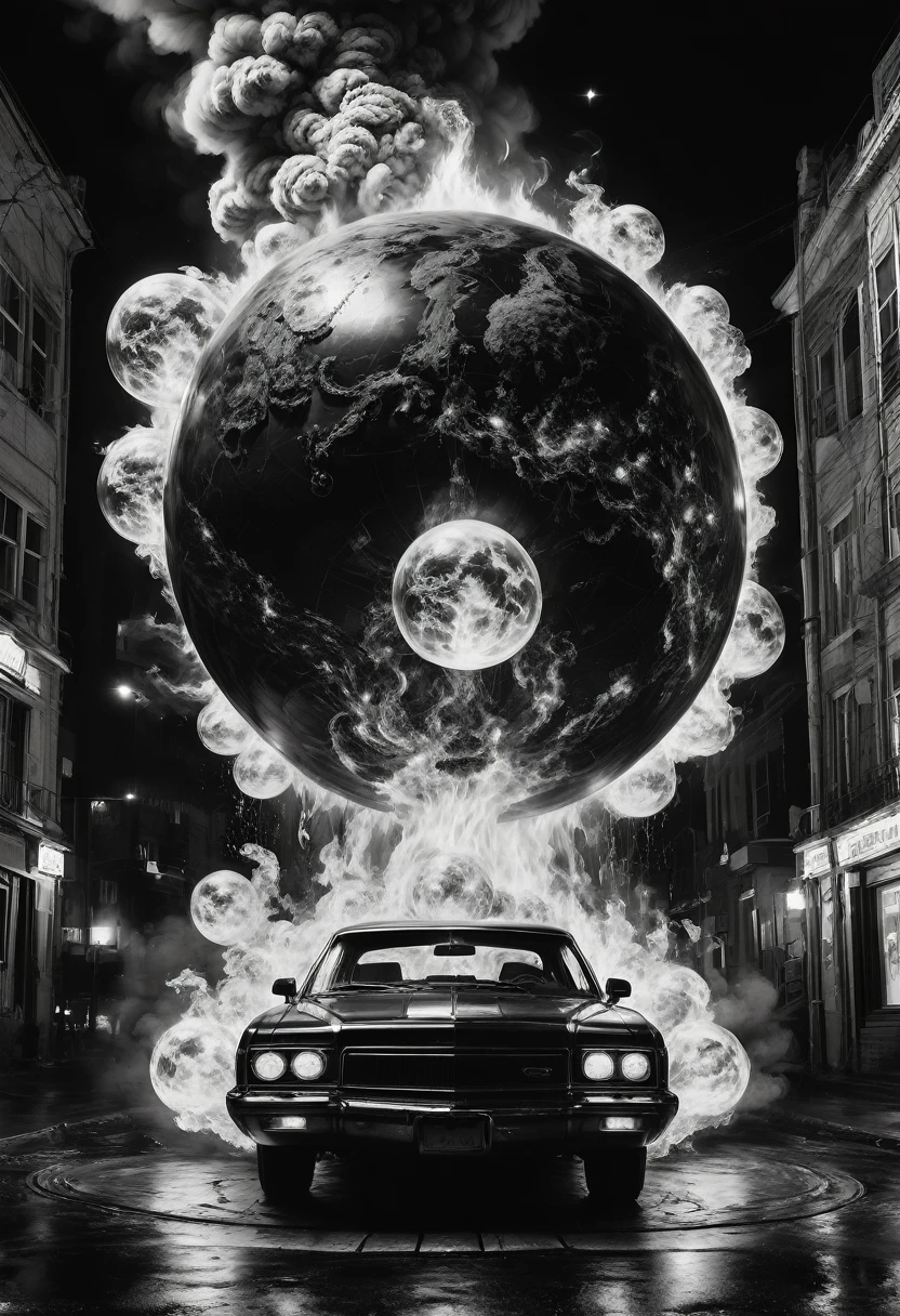 best quality, ultra-detailed, black and white, monochrome, contrasting shades, high contrast ,grayscale, aesthetic, Goodness gracious, great balls of fire Epic cinematic brilliant stunning intricate meticulously detailed dramatic atmospheric maximalist digital matte painting, black and white art