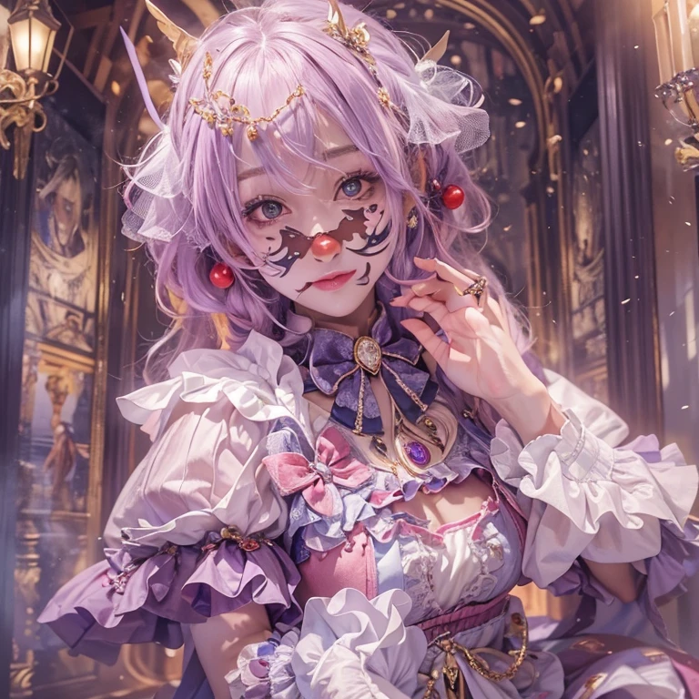 Hiding in the castle、Hair flow、 ((highest quality、masterpiece、8k、Best image quality、Ultra-high resolution、Award-winning works)、(Accurate anatomy:1.1)、(Look at me and smile:1.1)、Shining fair skin with Ultra-high resolution、The most detailed face、Ultra-high resolution detailed face、Ultra-high resolutionの髪の毛、(Ultra-high resolutionの煌めく瞳:1.1)、Beautiful face drawn in every detail、(Blurred Background:1.1)、Cheerful clown costume, Chest to chest, tattoo,、Clown Makeup、Holding a masquerade mask
