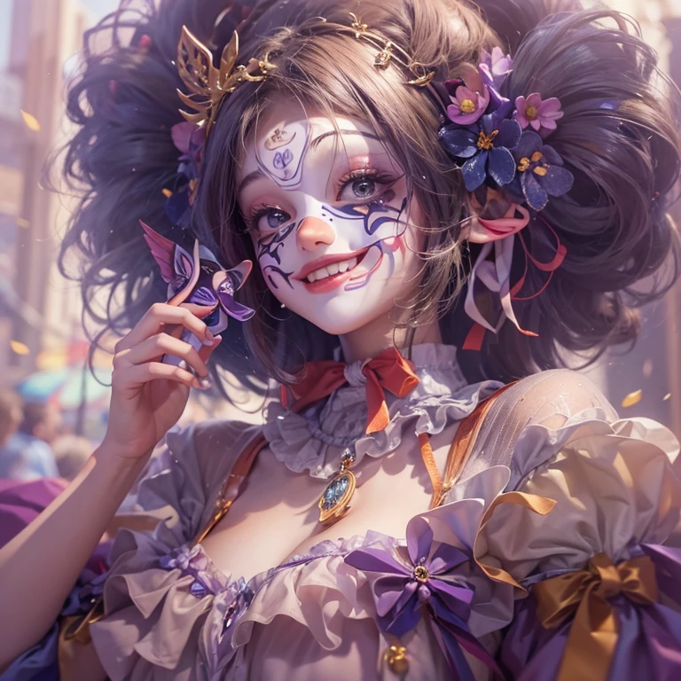 Hiding at the masquerade、Hair flow、 ((highest quality、masterpiece、8k、Best image quality、Ultra-high resolution、Award-winning works)、(Accurate anatomy:1.1)、(Look at me and smile:1.1)、Shining fair skin with Ultra-high resolution、The most detailed face、Ultra-high resolution detailed face、Ultra-high resolutionの髪の毛、(Ultra-high resolutionの煌めく瞳:1.1)、Beautiful face drawn in every detail、(Blurred Background:1.1)、Cheerful clown costume, Chest to chest, tattoo,、Wearing a Venetian mask