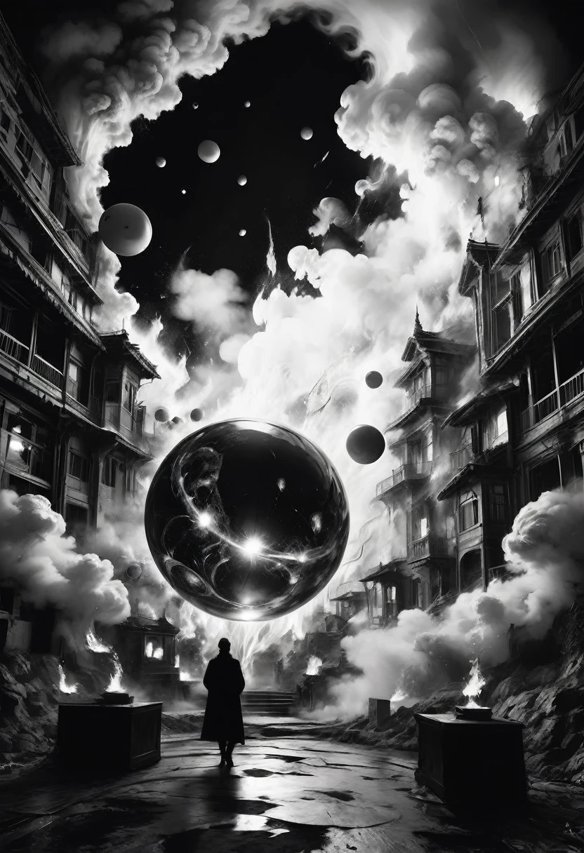 best quality, ultra-detailed, black and white, monochrome, contrasting shades, high contrast ,grayscale, aesthetic, Goodness gracious, great balls of fire Epic cinematic brilliant stunning intricate meticulously detailed dramatic atmospheric maximalist digital matte painting, black and white art
