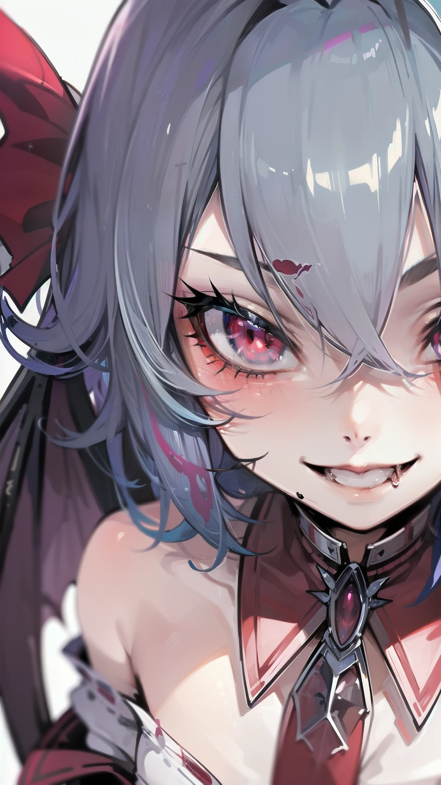 (((Remilia Scarlet))), (bat wings), (a vampire), short hair, (((blue hair))), ((standing)), ((((face close up)))), ((jacket, tight shirt)), evil smile,, 