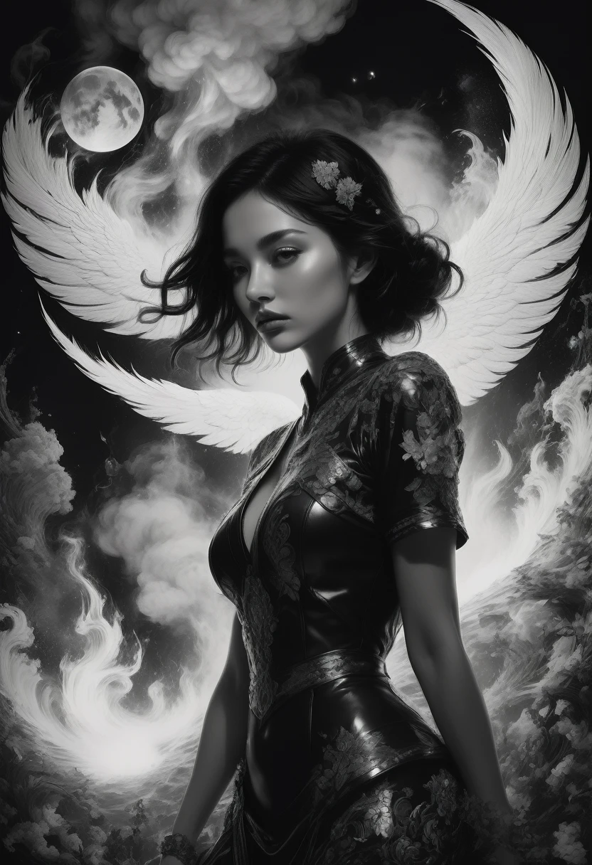 best quality, ultra-detailed, black and white, monochrome, contrasting shades, high contrast ,grayscale, aesthetic, Goodness gracious, great balls of fire Epic cinematic brilliant stunning intricate meticulously detailed dramatic atmospheric maximalist digital matte painting, black and white art