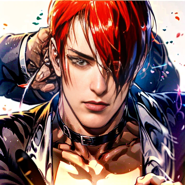 One hand is held like a cat、(Perfect details,masterpiece, Good details),(良い照明 Perfect details, Perfect eye details, Perfect anatomy details,(Iori Yagami, King of Fighters,), Iori Yagami, KOF,(original design：Yagami-an,),A perfect move with no mistakes, エラーのないPerfect details, Excellent anatomical details, Redhead,Sharp Eyes