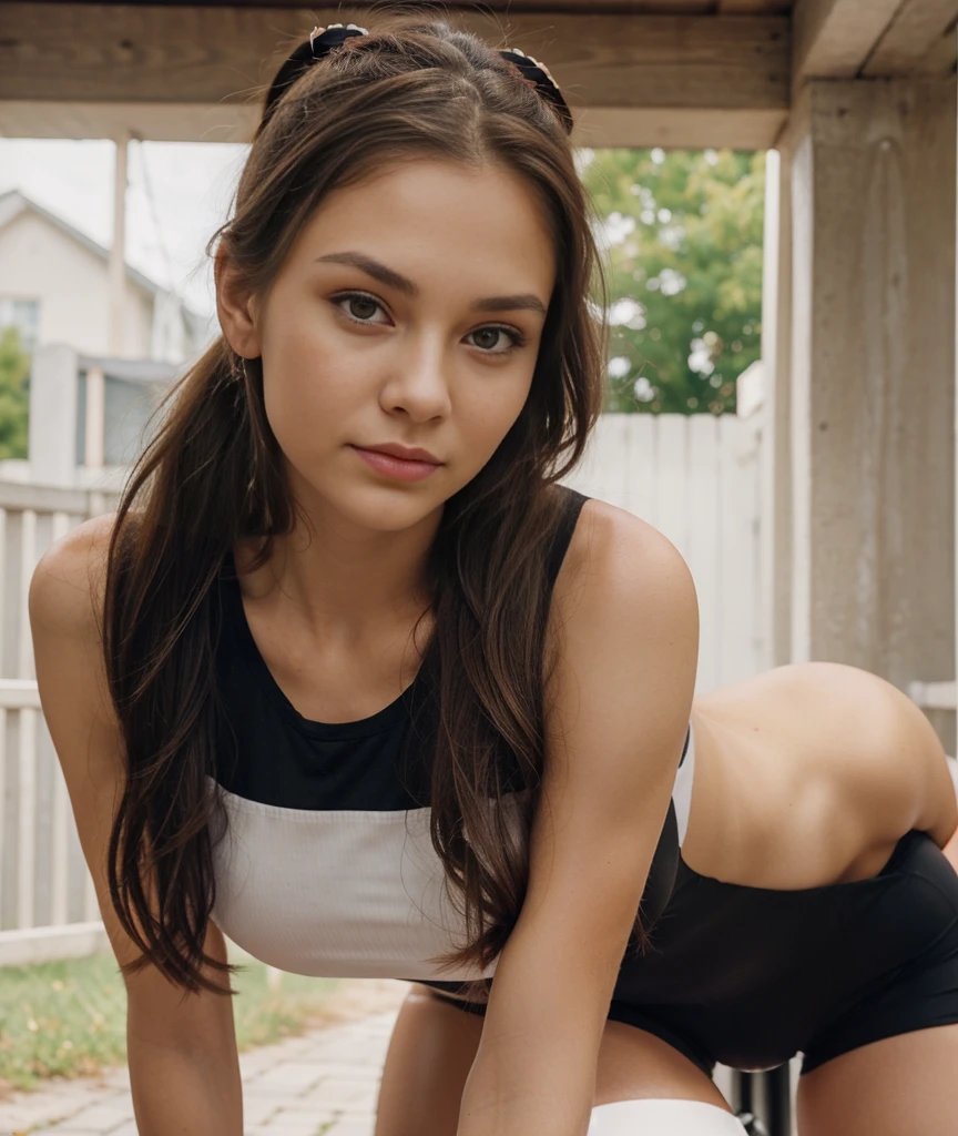 Face of a beautiful Russian girl., 18 years , Medium-length brown hair,pulled back into a ponytail, expressive brown eyes, slightly snub nose, dimples, oval face shape, thin chin,white top , black fitted bike shorts ,