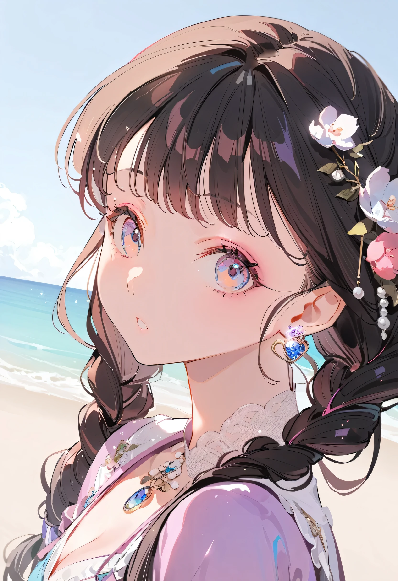 best quality, Super No, Reality, photo of a beautiful woman, 30 years old age years, Delicate face, Black messy fishtail braid, (Delicate porcelain doll,Elaborate clothing with lots of ruffles and ribbons), beach, (Close-up of face), Attractive appearance, looking at the audience
