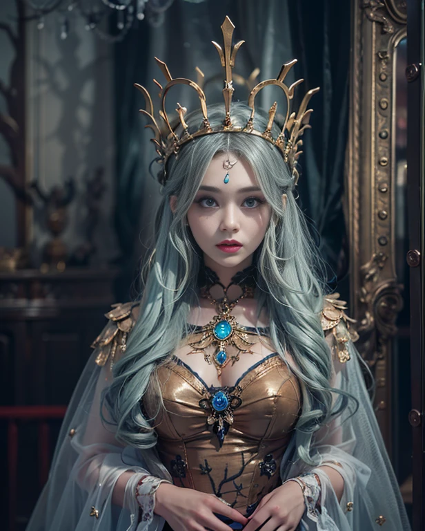 highest quality, masterpiece, Attention to detail, Intricate details, Realistic, Mysterious Halloween woman with bright expression, Spooky atmosphere、Photo image、Crown makeup
