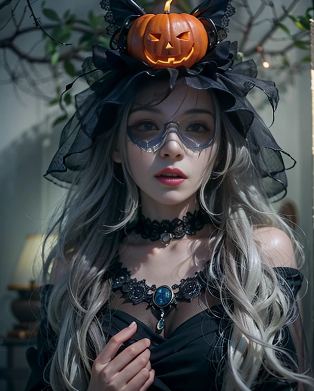 highest quality, masterpiece, Attention to detail, Intricate details, Realistic, Mysterious Halloween woman with bright expression, Spooky atmosphere、Photo image、Crown makeup