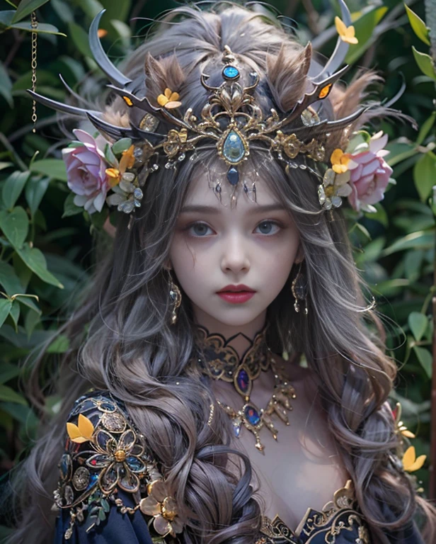 highest quality, masterpiece, Attention to detail, Intricate details, Realistic, Mysterious Halloween woman with bright expression, Spooky atmosphere、Photo image、Crown makeup