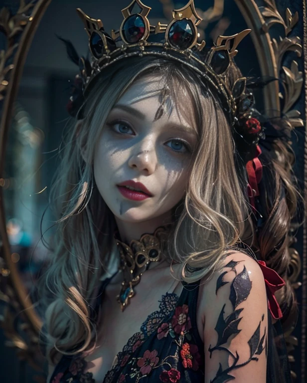 highest quality, masterpiece, Attention to detail, Intricate details, Realistic, Mysterious Halloween woman with bright expression, Spooky atmosphere、Photo image、Crown makeup