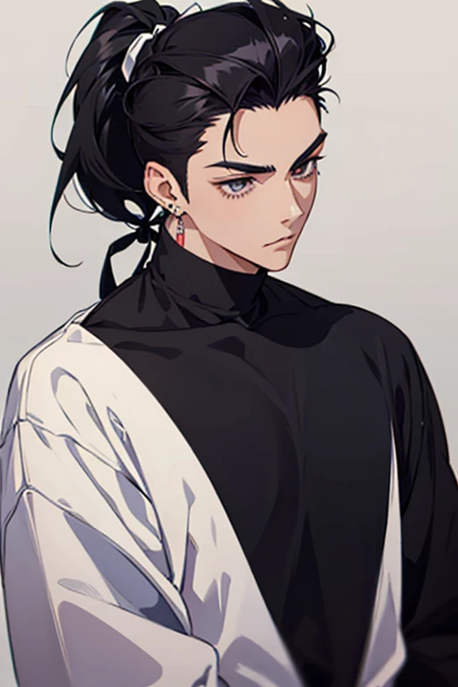 anime man gradient young black hair with shaved ponytail on the sides serious with black earrings sweatshirt black ribbon